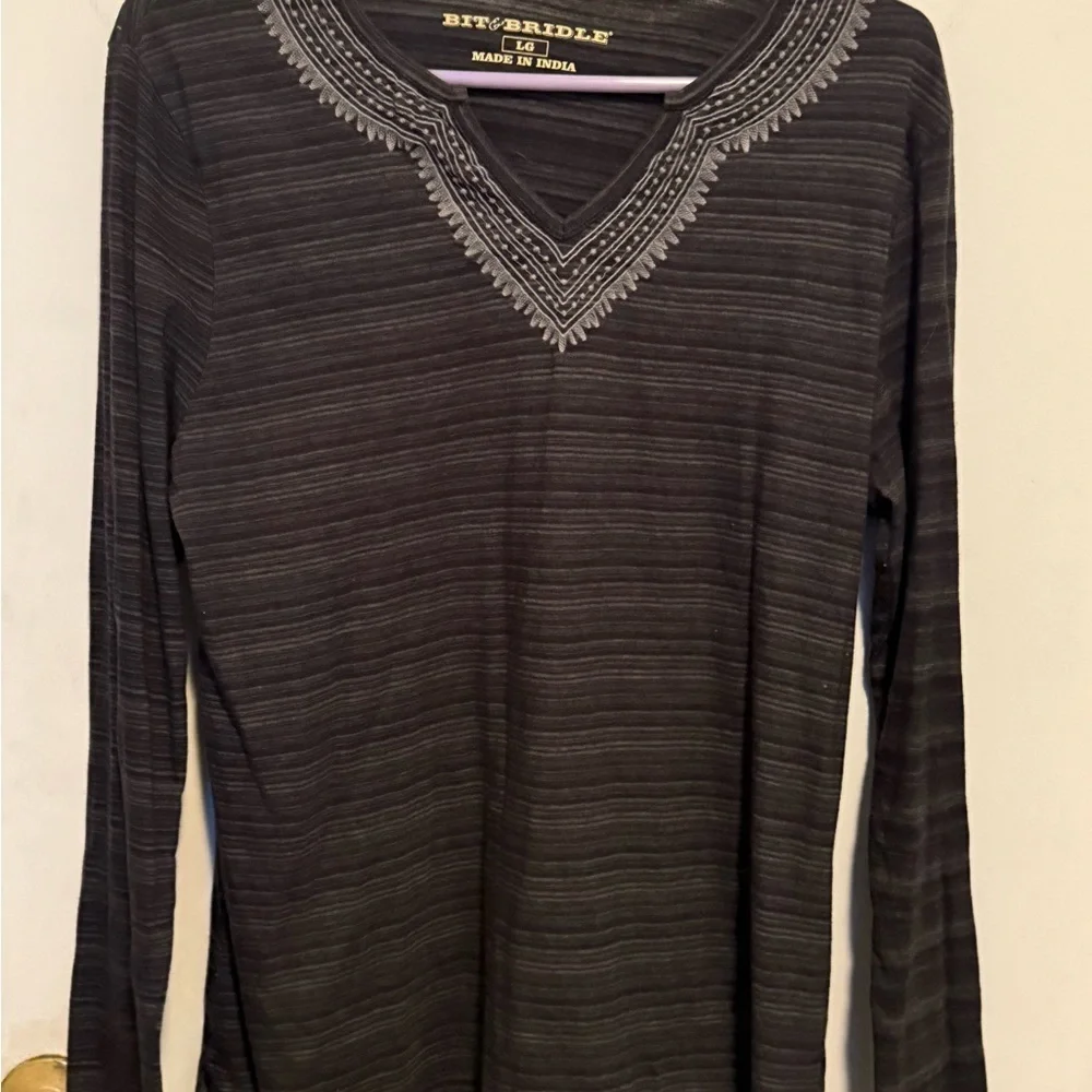 Bit & Bridle Charcoal Long Sleeve Top with Embroidery
